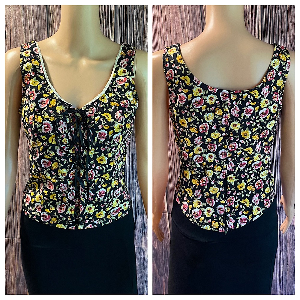 American Rag size medium black pink & yellow floral boho lace up blouse
